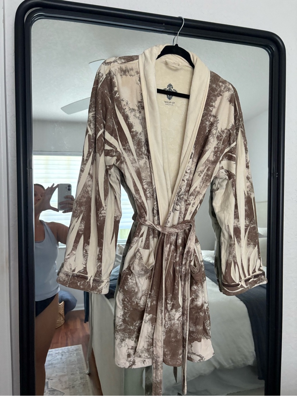 Wrap UP extremely soft Women’s Cream & Brown Plush Robe with attached Belt.